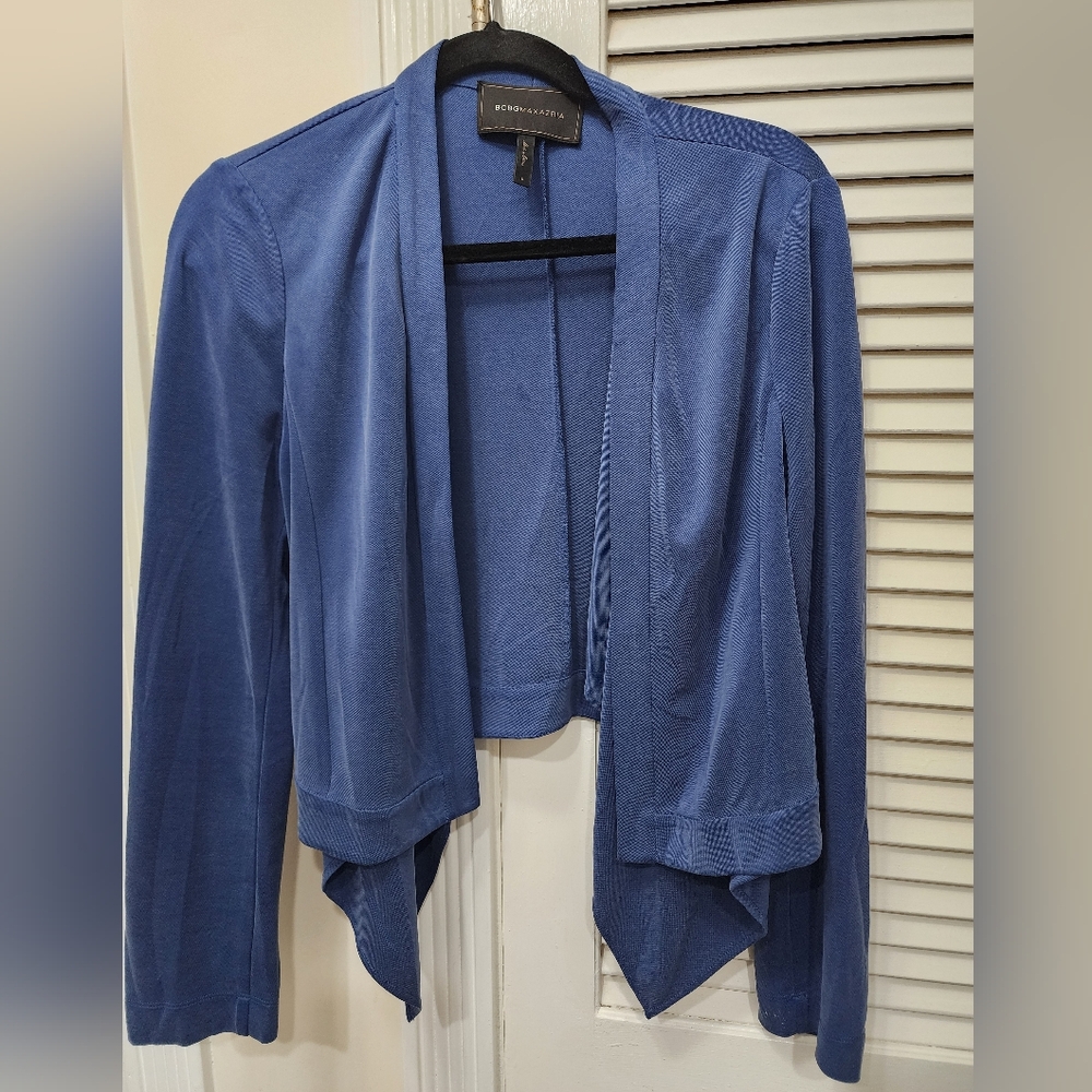 BCBGMAXAZRIA Blue Open Front Drape Cardigan Waterfall Tailored Chic Tailored